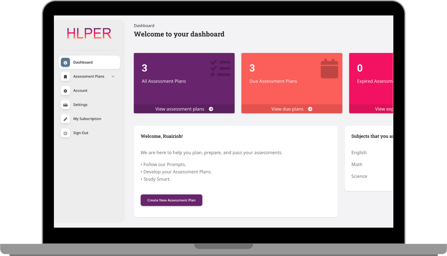 HLPER Assessment Assistant dashboard screen