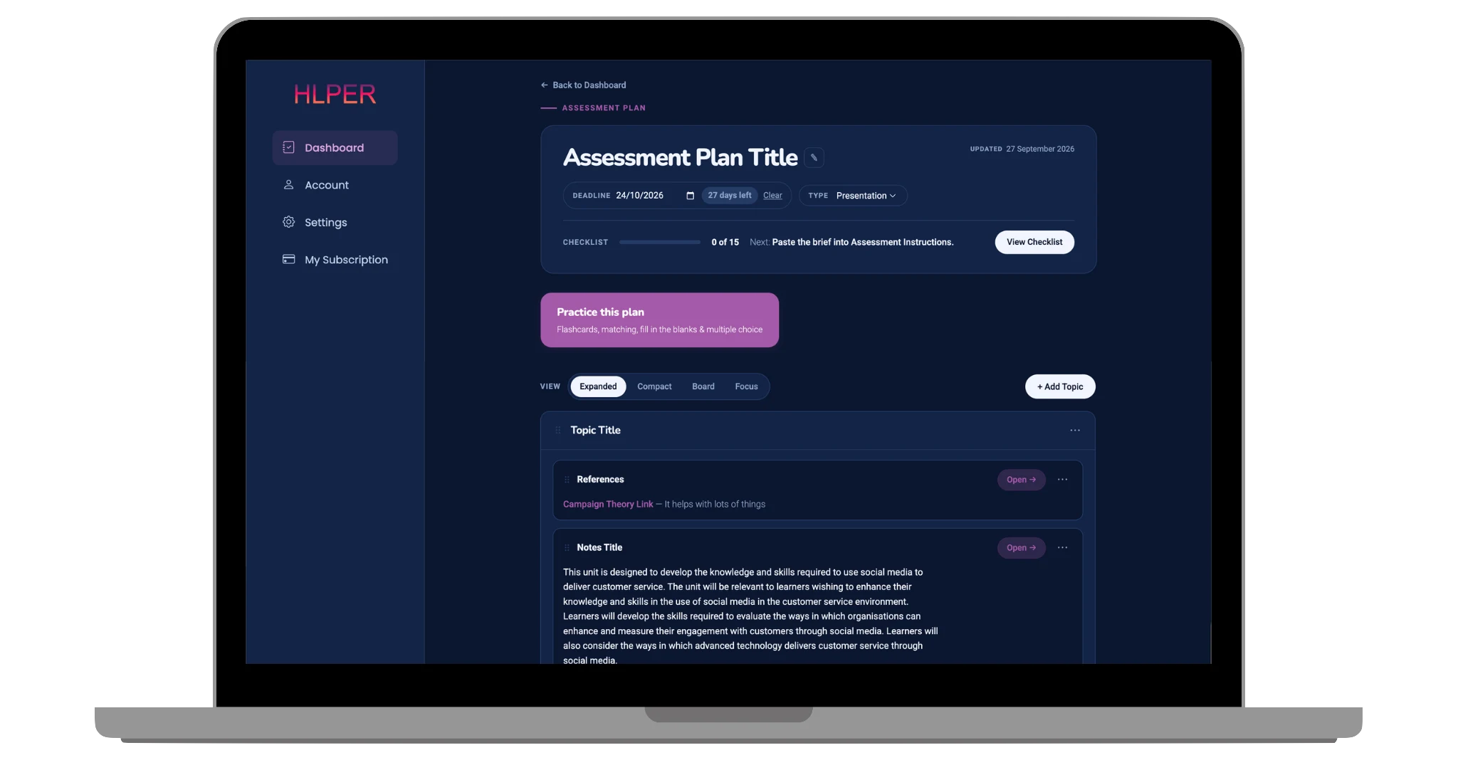 HLPER Assessment Plan screen